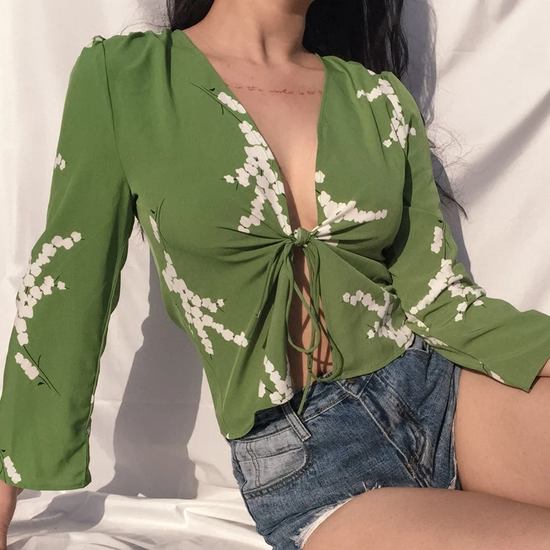 

black red green print Blouse 2019 summer Women V Neck Printing Tops Bandage lacing Top with Long Sleeve Print Chiffon Blouse