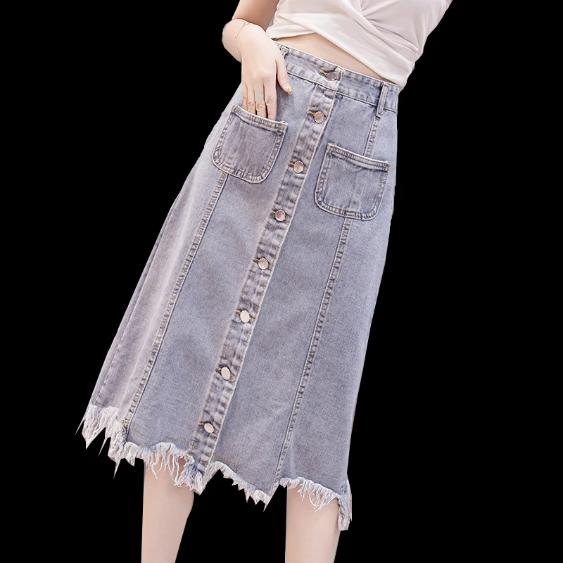 Женская летняя и весенняя джинсовая юбка с бахромой, с высокой талией и пуговицами, с карманами и кисточками, длинные джинсовые юбки для