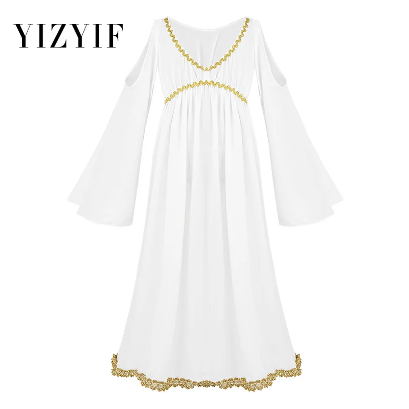 

YiZYiF Kids Girls Dress Greek Goddess Cosplay Costume Aphrodite Athene Long Sleeves V-neckline Gold Trim Role Play Dress Girls