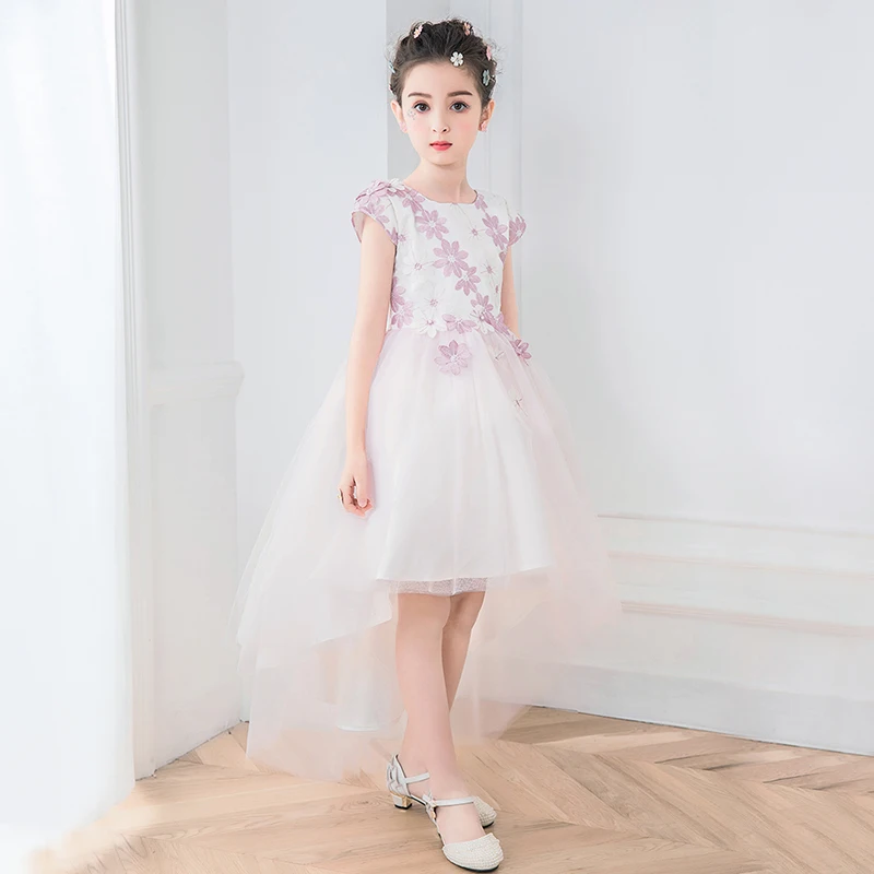 

White SleevelessFlower Girl Dress Tulle Kids Holy Communion Dress Asymmetrical Pageant Dresses for Girls Long Kids Prom Puffy