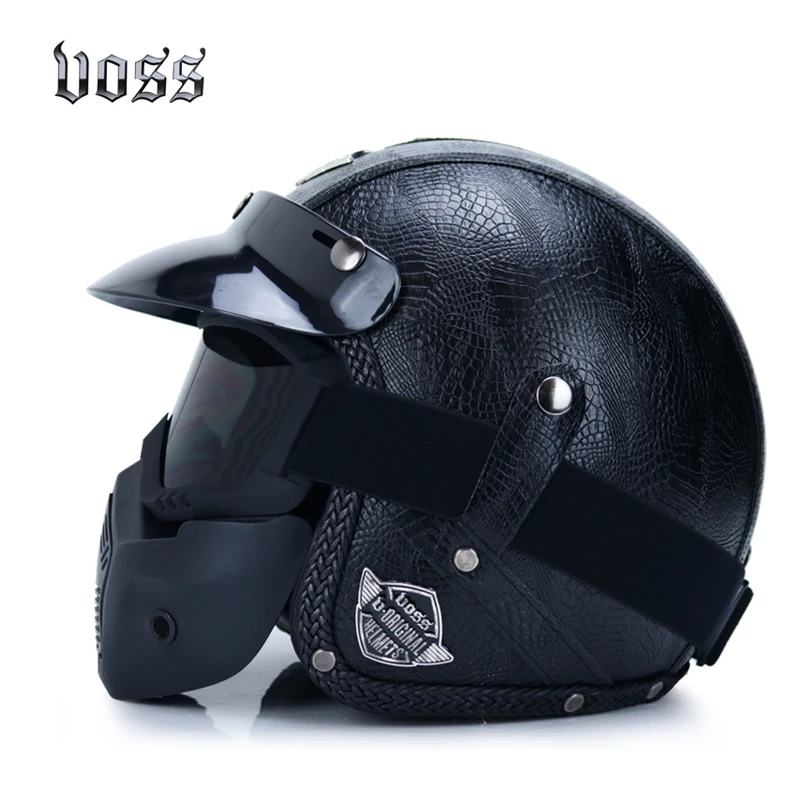 Retro motorcycle PU leather 3/4 open face helmet chopper bicycle helmet capacete predator helmet with goggles mask - Цвет: 10B