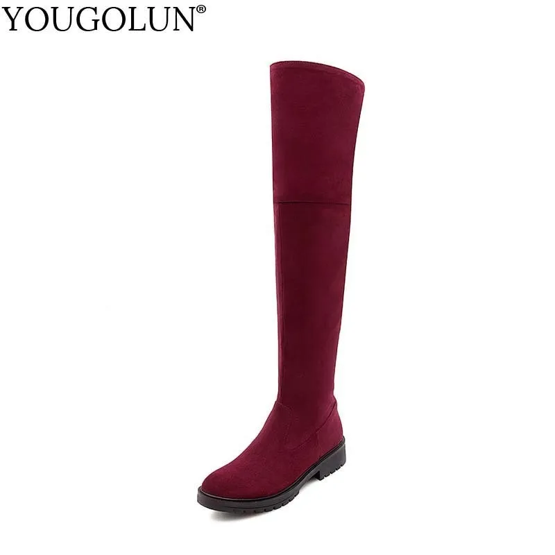 

YOUGOLUN Women Thigh High Boots Autumn Lady Sexy Zip Round toe Over The Knee Shoes Woman Gray Red Black Low Square Heels #B050