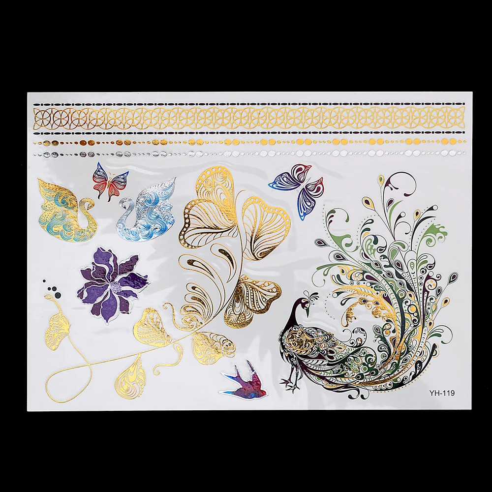 

1 Sheet Body Art Jewelry Flash Tattoo Metallic Gold Silver Temporary YH-119 Beauty Decal 3D Big Large Flower Swan Tattoo Sticker