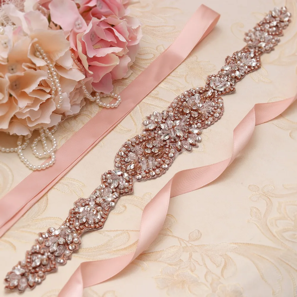 yanstar Hand Beaded Bridal Belt Rhinestones Flower Wedding Rose Gold Crystal Sash For Decoration XY864 | Свадьбы и торжества
