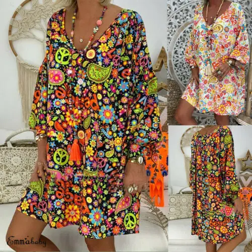 

Women Long Sleeve V Neck Floral Print Mini Dress Boho Kaftan Party Baggy Loose Sundress Summer 2019 Plus Size Dresses 3XL