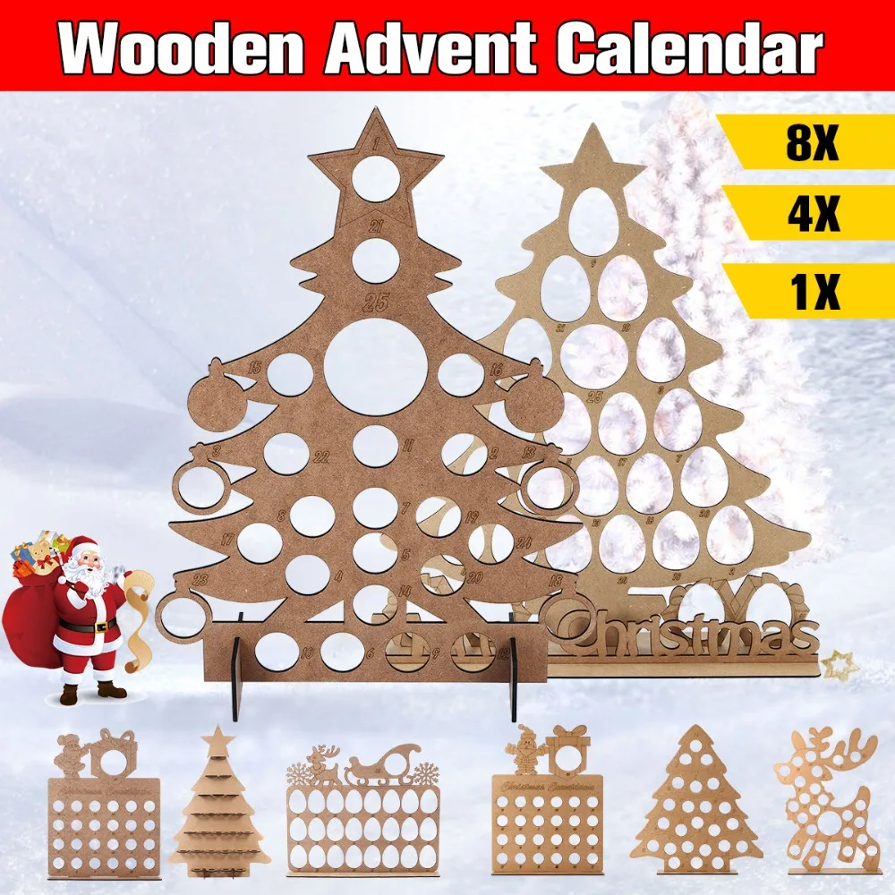 

9 Shapes Wooden Hollow Out Christmas Advent Calendar Santa Claus Elk New Year Countdown Home Decor Chocolate Holder Gifts