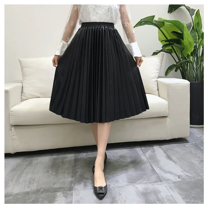 Женская юбка из искусственной кожи, Осень-зима, миди длинная Корейская элегантная плиссированная кожаная юбка с высокой талией, Женская офисная юбка трапециевидной формы