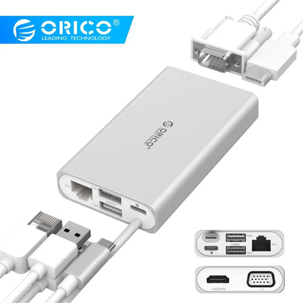 ORICO 5 in 1 Aluminum Docking Station Type C Power Delivery HUB to VGA/HDMI 4K HD/RJ45 Network Conv