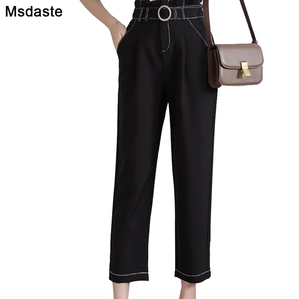 

Belted Pants Women 2019 Autunm Lady Straight Trousers High Waist Fitness Pantalon Femme Workwear Pockets Woman Vintage Pants