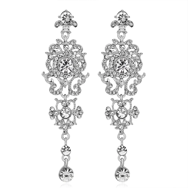 Hollow Rhinestone Flower Dangle Long Drop Ear Stud Women Tail Hollow Rhinestone Flower Dangle Long Drop Ear Stud Women Tail Prom Earrings
