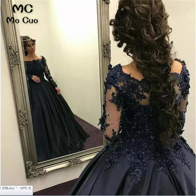 ED0424-Exquisite-Navy-Blue-Black-Ball-Gown-Off-Shoulder-Long-Sleeves-Beaded-Appliques-Gowns-Evening-Dress (2)
