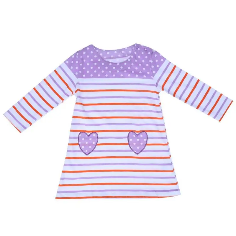 

Children Girls Long-sleeved O-neck Dress Striped Heart Pocket Girls Dress
