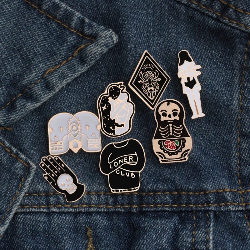 

7Piece Set Sweater Bull Head Matryoshka Hand Badge Brooch Fashion Personality Denim Jackets Lapel Enamel Pin Child Brooches Gift