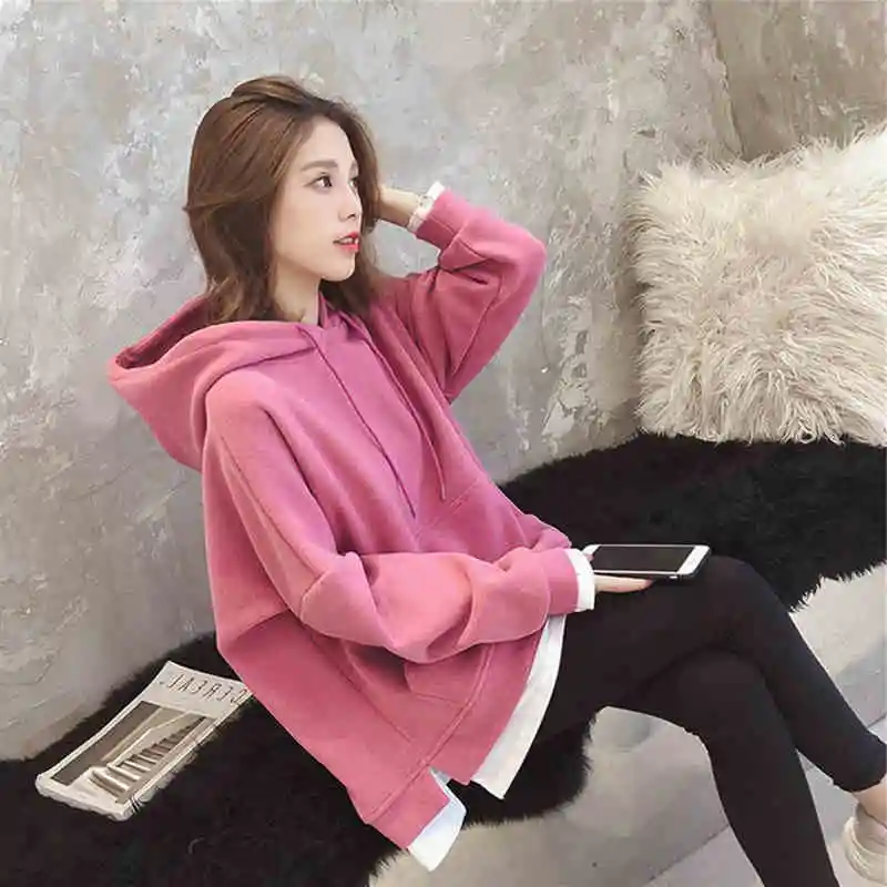 

Women autumn new solid color pullover Korean hooded fake two-piece pullover Women thick warm coat Women loose casual pullover