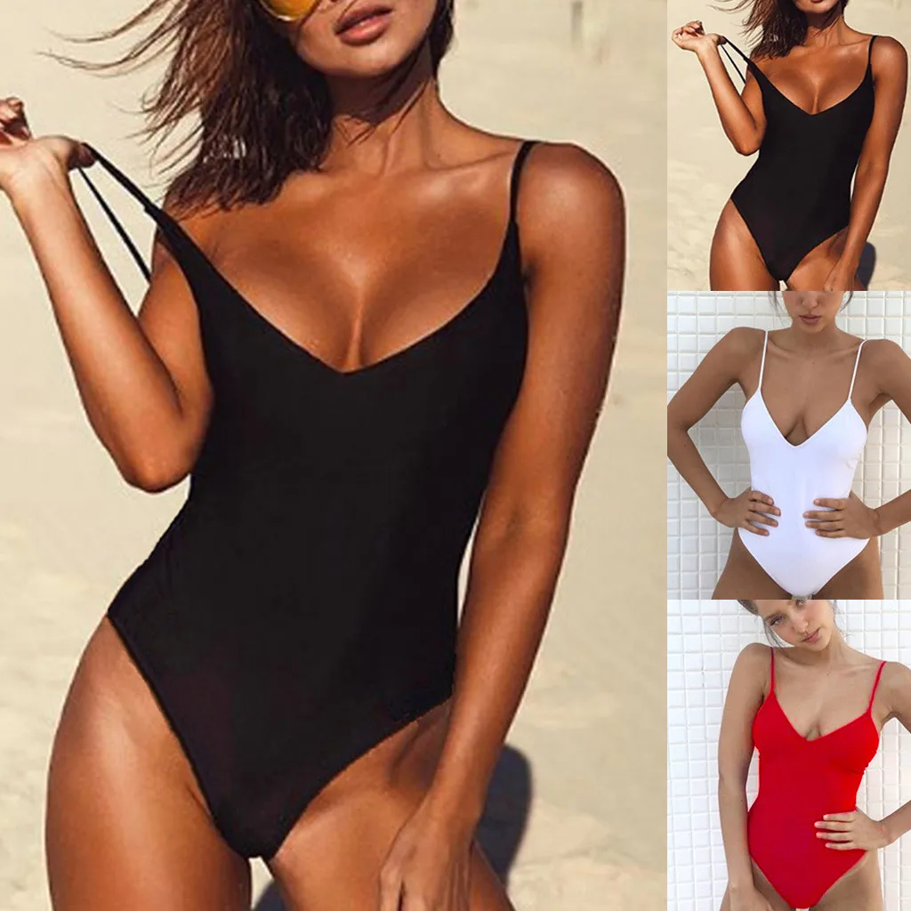 

Women One Piece Swimwear Bodysuit Halter Bandage Bikini Swimwear Swimsuit Suspended deep V-conjoined swimsuit A30321