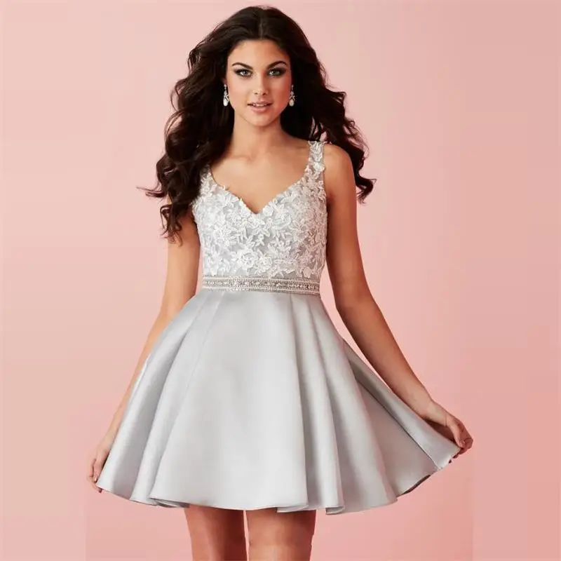 Sexy V Neck Short Silver Dresses 2016 Beaded Prom A Line