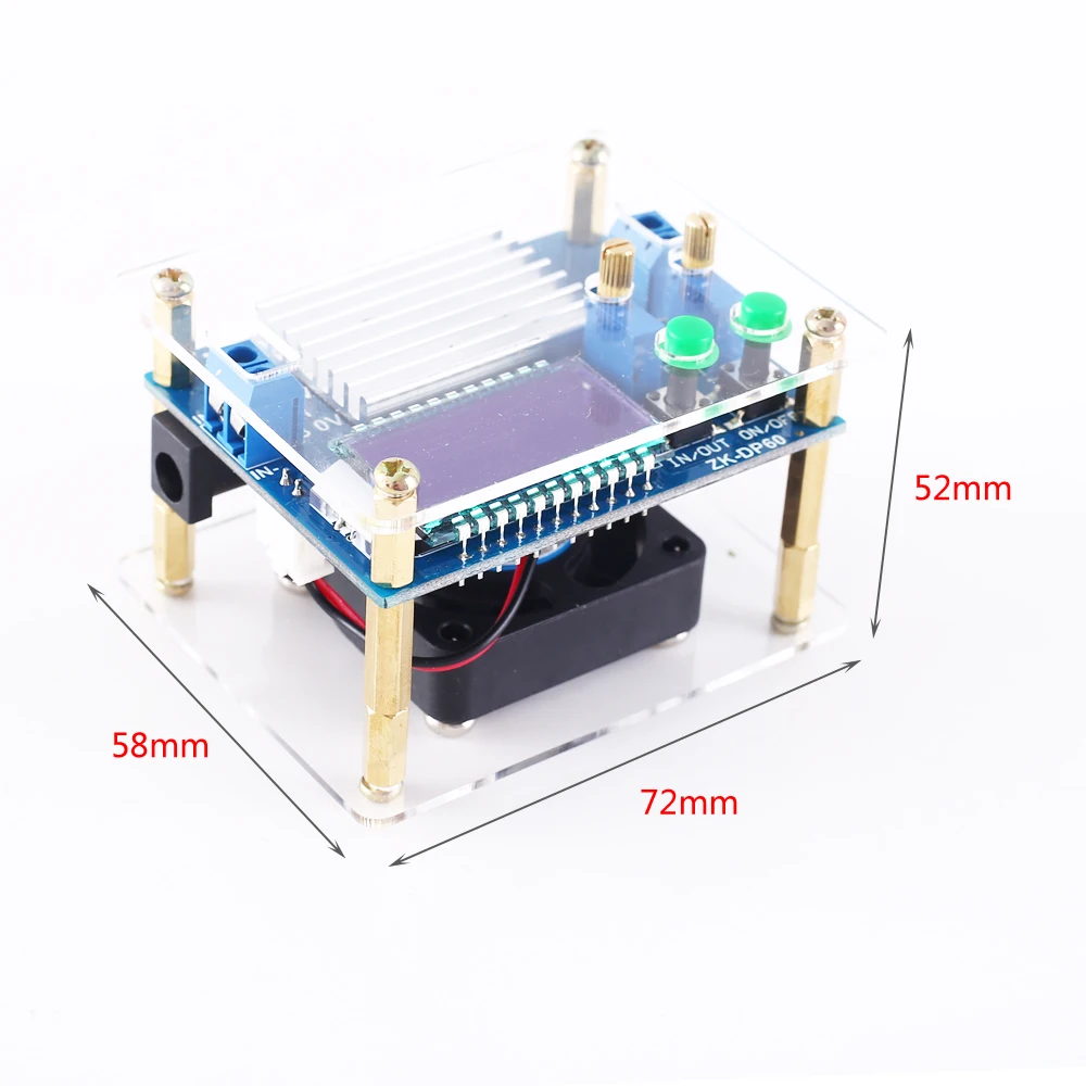 Najtaniej Step Up Down Converter 60W o dużej mocy regulowany Buck zwiększony moduł zasilania wyświetlacz LCD z wentylatorem i powłoka akrylowa