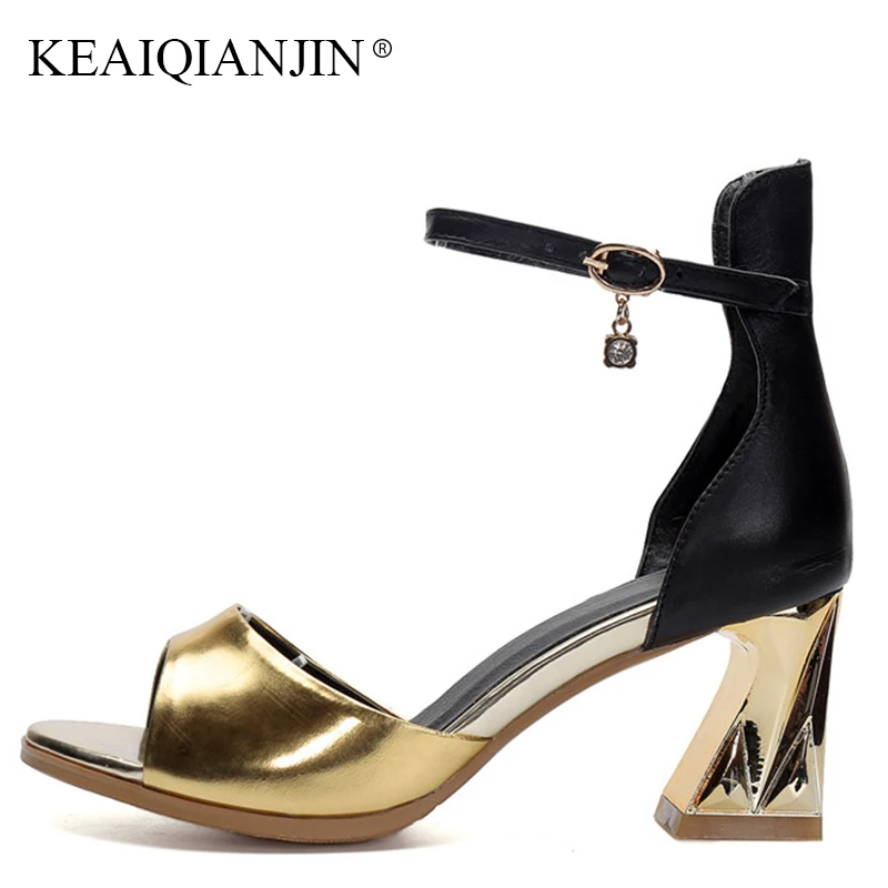 

KEAIQIANJIN Woman Peep Toe Crystal Sandal Sexy Silvery High Heels Shoes Plus Size 33-43 Genuine Leather Summer Open Toe Sandals