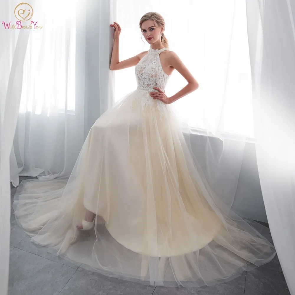 

Walk Beside You Luxury Wedding Dresses 2018 Champagne High Neck Lace Applique Beads Transparent A-line Sweep Train Bridal Gowns