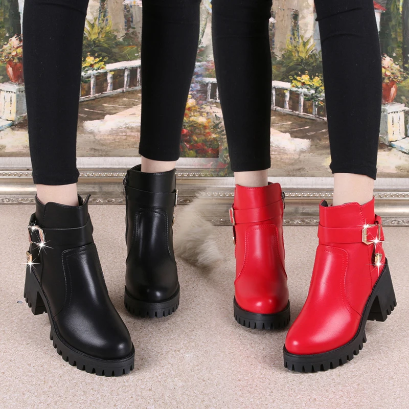 

Square High Heel Boots Women Winter Shoes 2017 Black Red Buckle Women Ankle Boots Size 35-39 Platform Short Leather Boots DX188