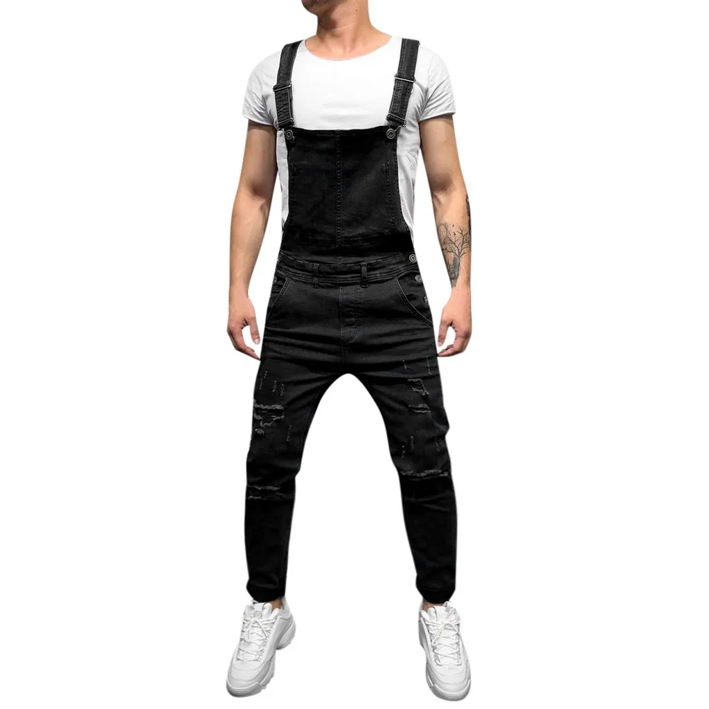 

Fashion men's Hole Pocket Denim Suspenders Overall Casual Jumpsuit Jeans Wash Broken Pocket Trousers Suspender Pants Fe1