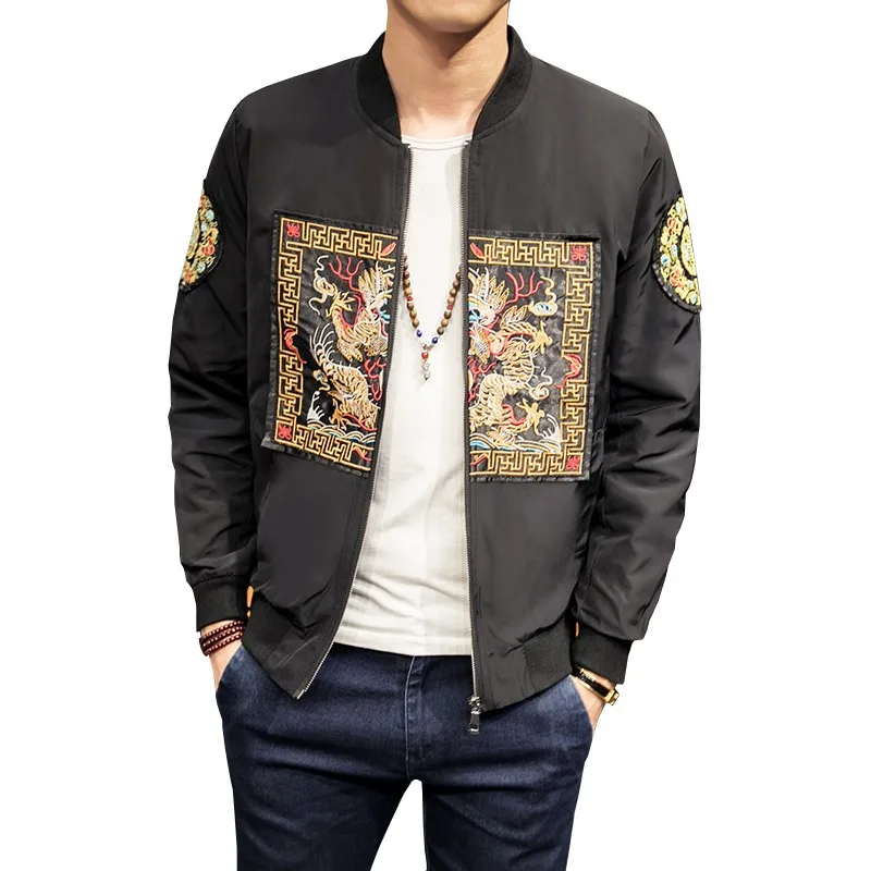 

Chinese Style Men Casual Bomber Jacket Autumn New Fashion Long Pao Embroidery Jacket Men Slim Fit Stand Collar Windbreaker Coat
