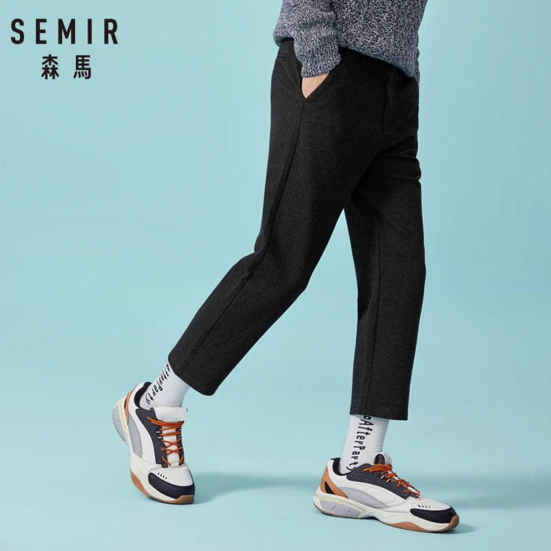 

SEMIR Men Cropped Straight Pants Wool-Like Fabric Men's Classic Regular Fit Pants Trousers Zip Fly with Button for Winter
