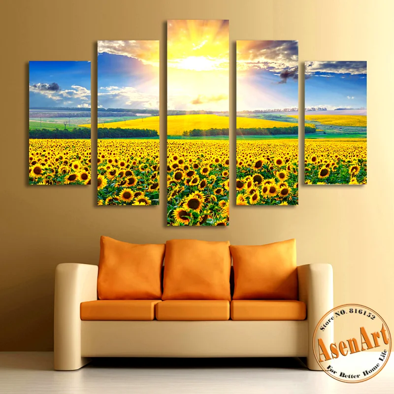 5 Pieces Canvas Wall Painting Golden Sunset Sunflower Filed Canvas Prints Paintings for Living Roon Wall Art Picture Home Decor