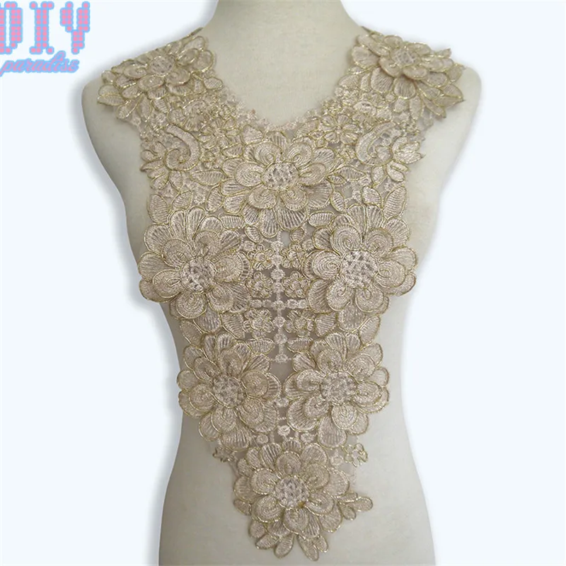 

Gold Embroidered Polyester Applique Patches Flower Lace Trim Neckline Collar Venise Fabric Sewing DIY Craft