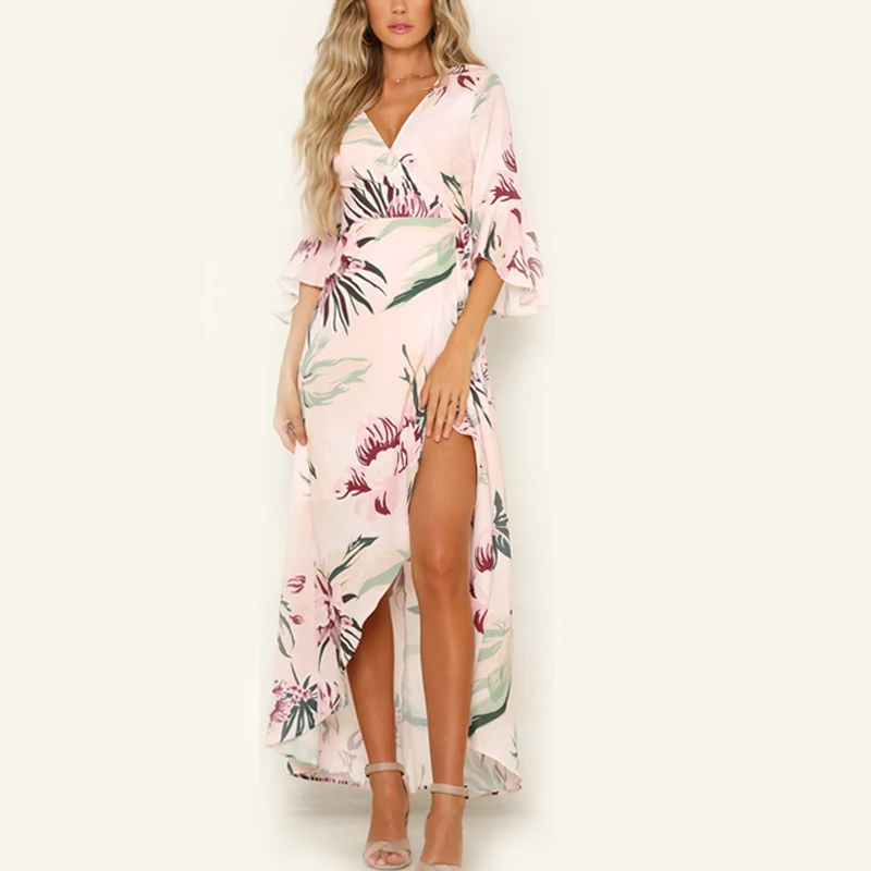 

2019 Sexy Women Dresses Summer Boho Maxi Dress Robe Elegant Midi Long V Neck Floral Print Party Prom Ball Ruffle Slit Gown S-XL