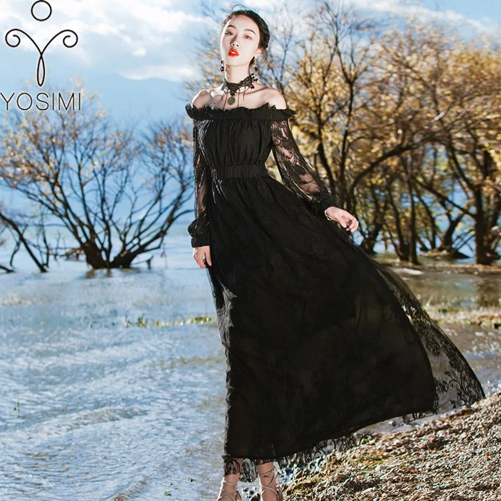 YOSIMI Летнее Длинное винтажное черное кружевное длинное женское платье с длинным рукавом и открытыми плечами, вечернее женское платье длиной до щиколотки