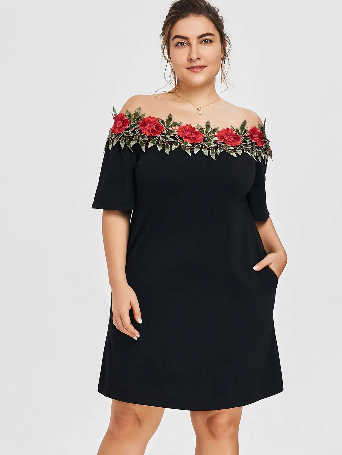 Gamiss Plus Size 5XL Embroidery Floral Off The Shoulder Dress Women ...