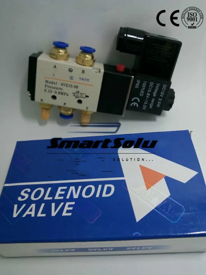 

Free Shipping Airtac single coil solenoid valve 4V210-08 Port 1/4" BSP 12V DC 5/2 way control valve with fittings and mufflers