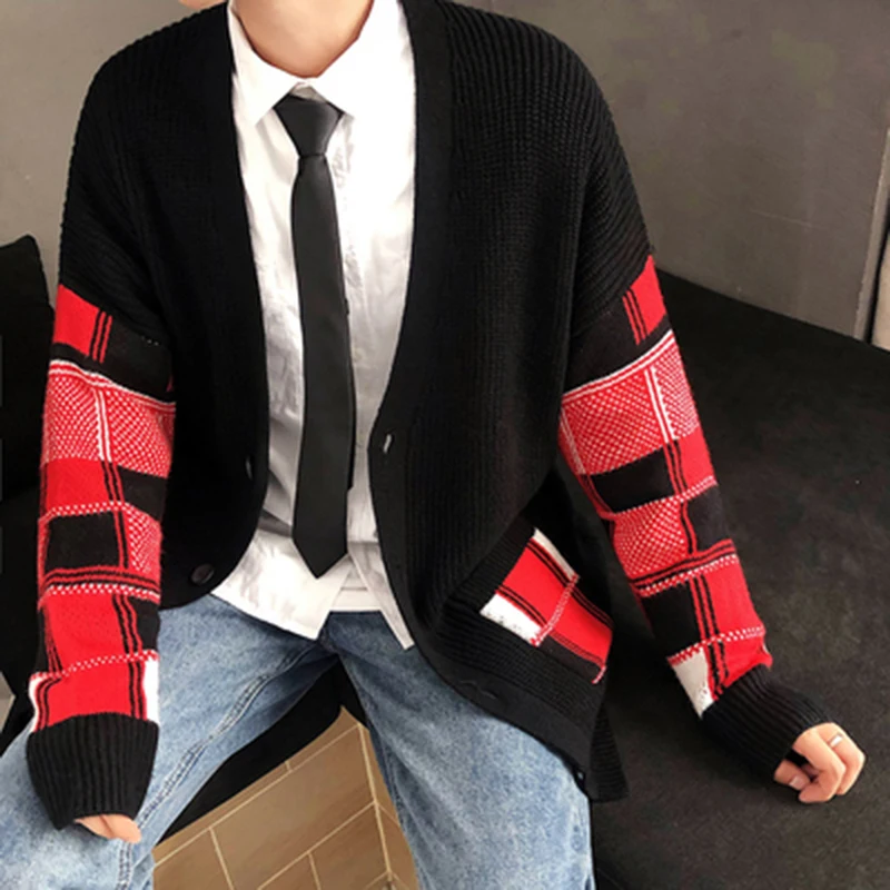 Korean Oversized Sweater Cardigan Men Plaid  (2)