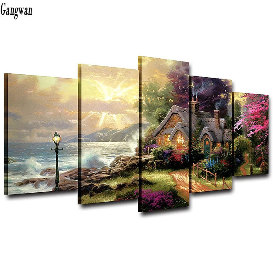 5 Panel diamond mosaic Seashore Cottage Classic picture diamond painting embroidery village landscape cross stitch kit sticker decoration