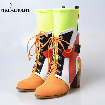 

Mabaiwan Fashion Women Suede High Heels Militares Shoes Mixed Colors Stretch Fabric Ankle Boots Winter Lace Up Shoes Women Pumps