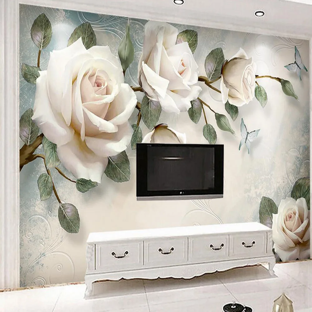 Minimalist large white rose living room wallpaper. 