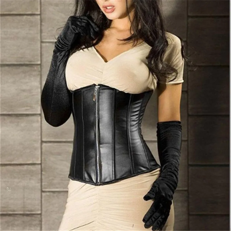 

Women Gothic Black Faux Leather Underbust Corset Lingerie Zipper Bustier Steampunk Corpete Waist Cincher Corselet