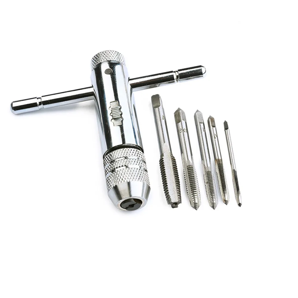 

High M3-M8 T-Handle Ratchet Tap Wrench Machinist Tool With 5Pcs Screw Thread Plug Tap