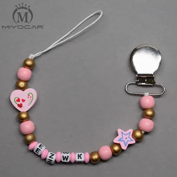 

MIYOCAR Personalised Any name pink heart gold pink wooden beads iron dummy clip holder pacifier clip soother chain teether clip