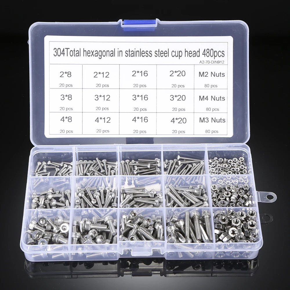 480Pcs DIN912 M2/M-3/M-4 Screw Nut Set Practical Screws Nuts Stainless Steel Screw Nut Combination Screwdriver Repair Tool Kits