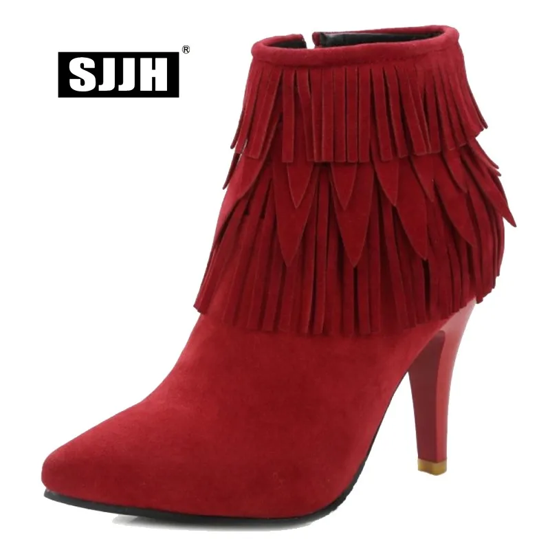 SJJH Women Fringe Stiletto Ankle Boots with Point Toe Faux Suede Short Plush Chelsea Boots Fashion Formal Shoes Large Size Q558