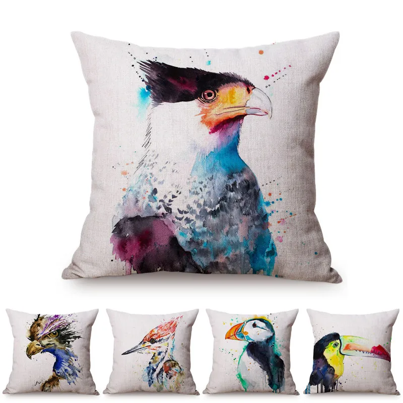 

18" Home Decoration Water Color Birds Print Sofa Throw Pillow Case Color Ink Painting Macaw Toucan Chair Cushion Waist Pillows