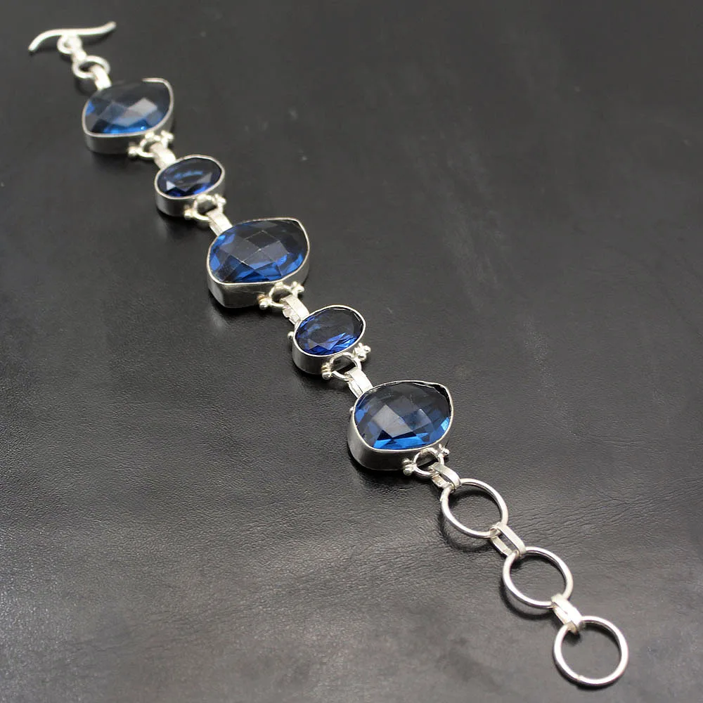 Выдающиеся блестящие уникальные натуральные Bluetooth 925 стерлингового серебра женские звенья цепи браслет 7,25 дюймов H111