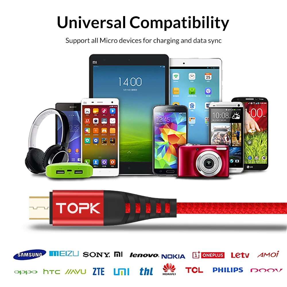 TOPK [3-Pack] 1 м высокопрочный нейлоновый Плетеный 2 а быстрый Micro USB кабель для samsung Xiaomi huawei LG Tablet Android USB кабель для передачи данных