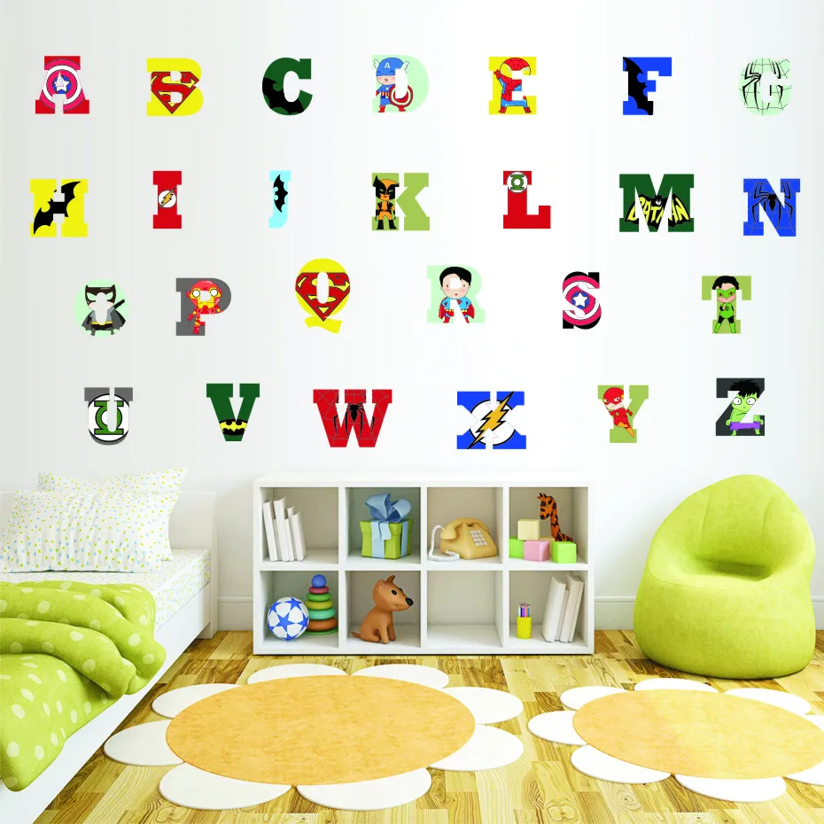 Creative Super Hero Style Alphabet ABC Wall Decal 26 Letters DIY Art Vinyls Stickers Nursery Kids Room Home Decorative Wallpaper