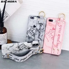 

BALMORA Matte Leather Stand Case For iPhone 6 6s 7 8 plus Love Heart Marble Ring Wrist Strap PU Case For iPhone X Protect Coque