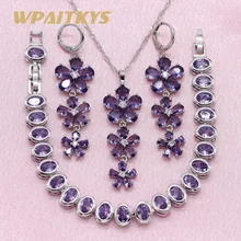 Изысканный Фиолетовый Красный Розовый Камень 925 серебряные ювелирные наборы для женщин вечерние серьги браслет кулон ожерелье подарочная коробка