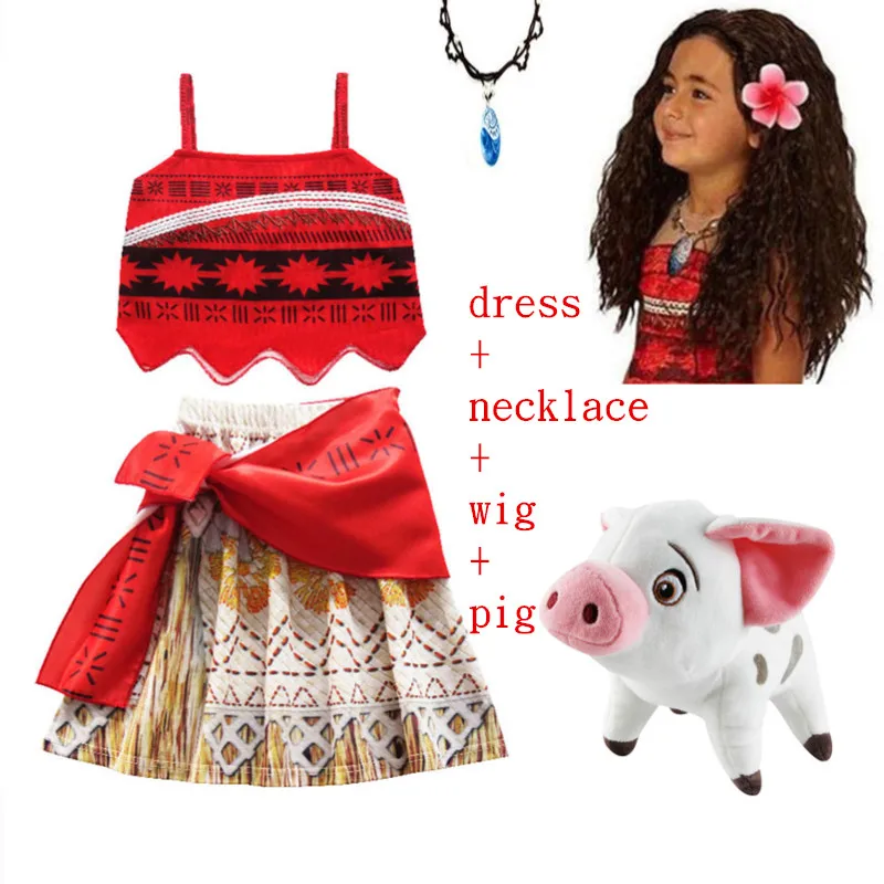 

New Baby girl clothes Princess dress Moana Cosplay Costume for Children Vaiana Girls Party Wedding dresses with+Necklace+pig+wig