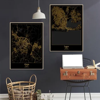 

Abuja Lagos Nigeria City Map Black and Gold Map Canvas Art Print Wall Pictures for Living Room No Frame